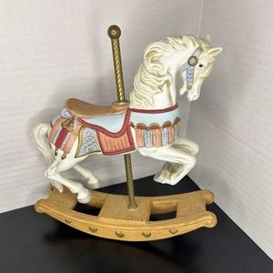 Vintage Homco 1416 Carousel Rocking Horse Figurine 7.5” White Red Brown Blue